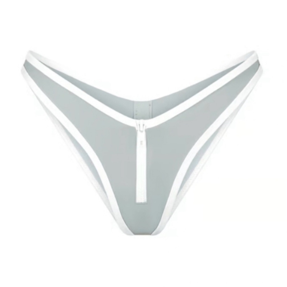 Skims Sporty Zipper Tanga swim bikini bottom light blue gray White Zipper Front